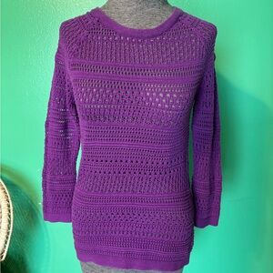 LOFT Purple Crew Neck Sweater with Intricate Knit Patterns